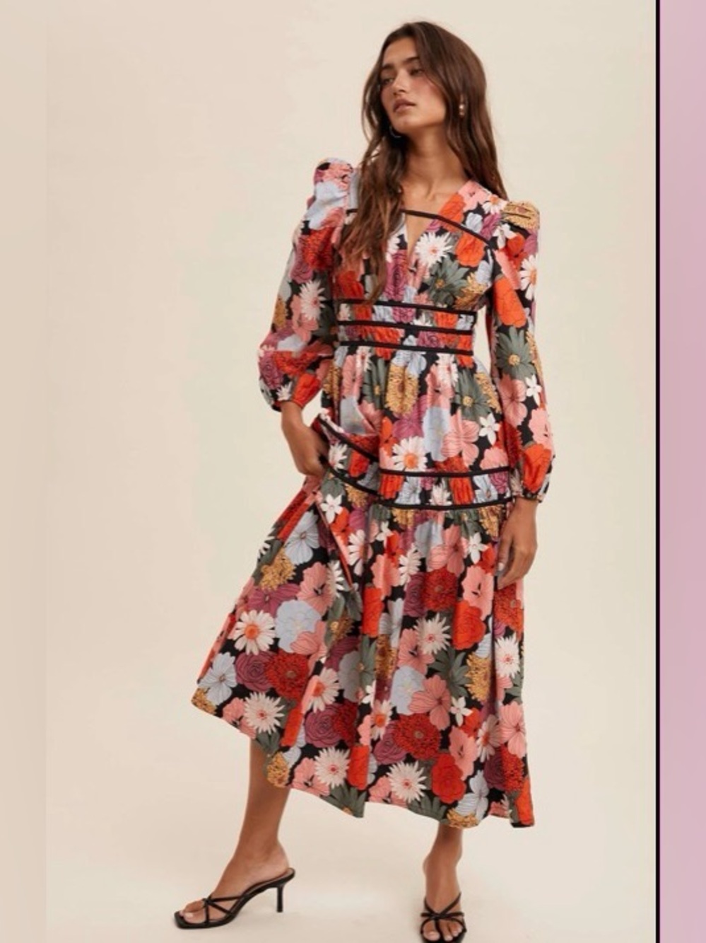 Listicle Floral Tiered Puff Sleeve Midi Dress Size Medium